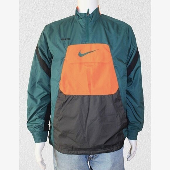 NIKE F.C. Anorak Pullover 1/4 Zip Woven Jacket in Black/Orange/Dark Teal (Large) - Picture 1 of 9
